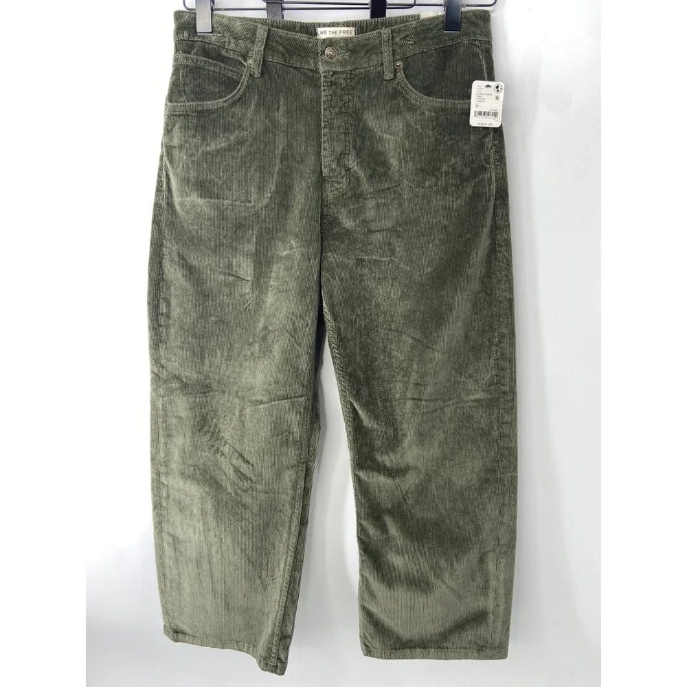 We The Free Pants Women 29 Moss Deep Trance Boyfriend Corduroy Barrel Leg